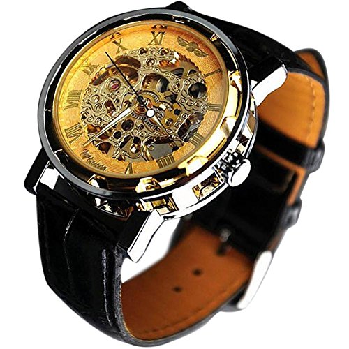 Lily's Gift Men\'s Luxury Stainless Skeleton Analog Mechanical Leather WristWatch golden