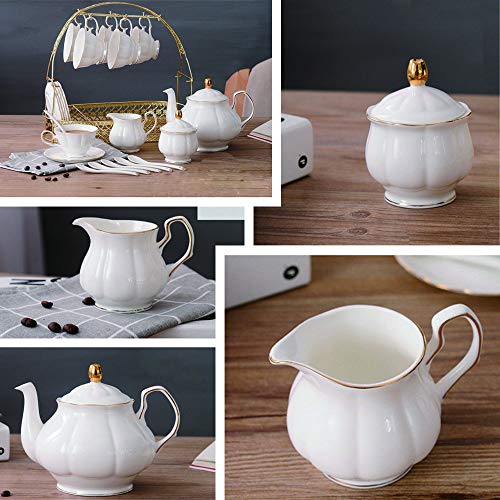 ufengke-ts 15 Pieces Simple White English Ceramic Tea Sets,Tea Pot,Bone China Cups with Metal Holder Matching Spoons,Afternoon Tea Set Service Coffee Set - Thumbnail 2
