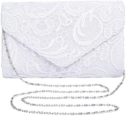 Women's Elegant Floral Lace Envelope Clutch Evening Prom Handbag (White)