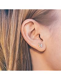 PAVOI 14K Gold Plated CZ Simulated Diamond Earrings Dainty Mini Bar, Halo, Lightning Bolt, Moon Stud Earrings