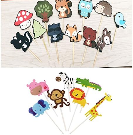 14 pack Cute Zoo animal Cupcake Toppers Picks,Jungle Animals Cake Toppers for Kids Baby Shower Birthday Party Cake Decoration Supplies And 24 packe Cute Woodland Creatures Cupcake Toppers Picks, Wood