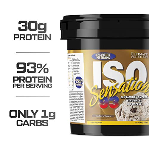 Ultimate Nutrition ISO Sensation 93 100% Whey Protein Isolate Powder with 30 Grams of Protein - Low Carb, Keto Friendly, Cookies N Cream, 5 Pounds