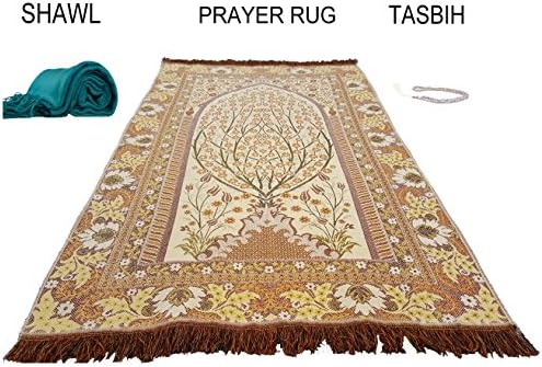 GURJHONS Turkish Prayer Rug with Pashmina Shawl Wrap Scarf and 99 BEADS MUHAMMAD ALLAH TASBIH, Zikir , Haj , Tasbeeh , Subha , Misbaha Beads (GOLD WITH FLOWER)