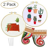 Artilife 2 Pack Embroidery Kit Patterned Full Range of Cross Stitch Kit for Beginners Adults Stamped Embroidery Hoops Floss Needles Hand Craft Projects Cactus Plants