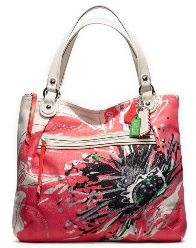 Coach Poppy Placed Flower Glam Tote Bag Purse 19029 Light Khaki Coral
