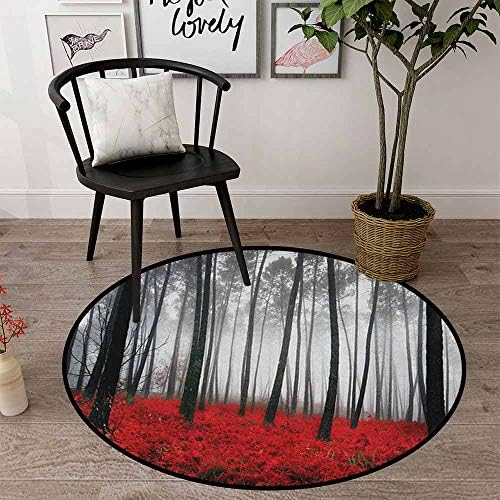 Forest Personalized Round Rugs 31" Round, Black Red Pale Grey, Mystical Fantasy Woodland Under Heavy Fog Tall Trees Bushes Contrast Colors, For Bedroom Living Room (Round 80cmx80cm)