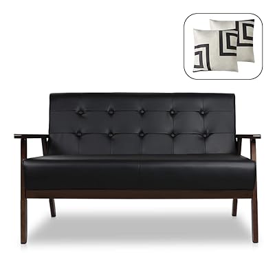 Mid-Century Modern 2-Seat Loveseat Sofa, Faux Leather, Wood Arms