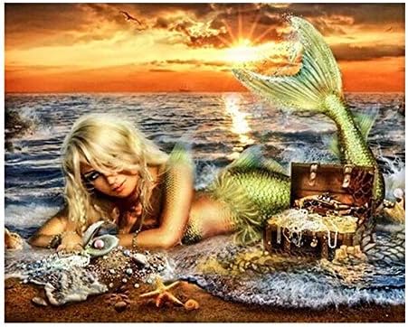 Large Premium Full Canvas DIY 5D Diamond Painting Kit - Sunset Mermaid Treasure Design for Kids and Adults - Tool Kit Includes All Accessories - Home Decor Arts and Crafts