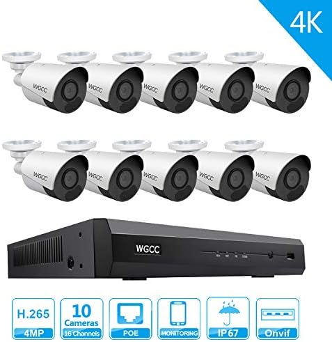 WGCC 16-Channel 12MP POE NVR Embedded Plug & Play Home Security Cameras System with 10 4MP Color Night Vision Network Bullet Cameras