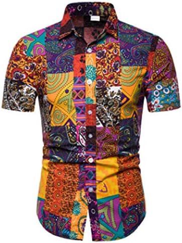 Men Bohemian Cotton Button Down Shirt Regular Fit Short Sleeve Colorful Stripe Fashion Dress Shirt
