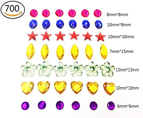 DoTebpa 700Pcs 6 to 15 mm Acrylic Craft Jewels Flatback Rhinestones Gemstone Embellishments ,7Sizes,Assorted Colors