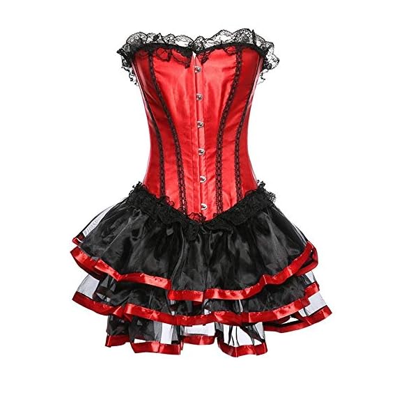 Fklee-Steampunk-Womens-Lace-Up-Sexy-Corset-Dress-Gothic-Overbust-Satin-Plus-Size-Bustier-Burlesque-Costume-Black-with-Red-Club-Wear-Body-Shaping-Size-XXL