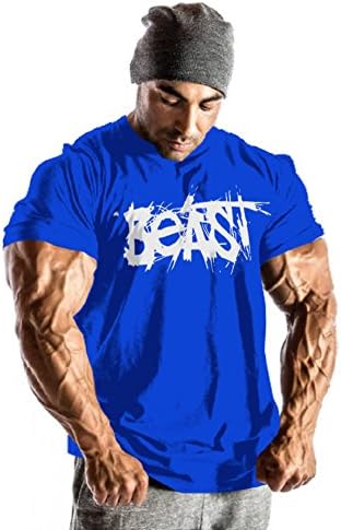 InleaderAesthetic Men Gym BodybuildingCotton Athletic Undershirt Crew Neck Breathable Training Muscle Workout Short Sleeve Besat Sportwear T-Shirt Tee-Blue-XL