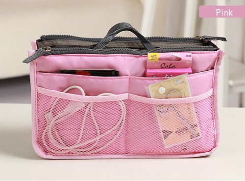 HiiBaby Women Lady Portable Purse Organizer Insert Multi-function Cosmetic Storage Bag in Bag Travel Makeup Organiser Handbag Pouch Insert Bag (Pink)