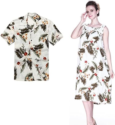 Couple Matching Hawaiian Luau Outfit Aloha Shirt Melani Dress in Cream Orchid Men XL Women L