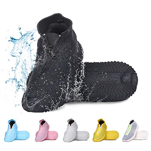 DREAMUS Reusable Silicone Waterproof Shoe Covers, Silicone Shoe Covers with Zipper No-Slip Silicone Rubber Shoe Cover for Kids,Men and Women (Black, L)