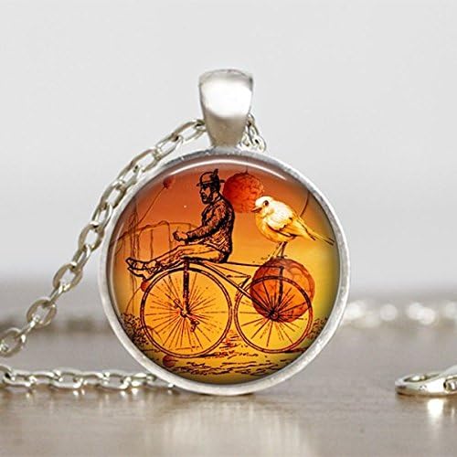 Vintage Bicycle Pendant Steampunk Necklace Round Handmade Jewelry