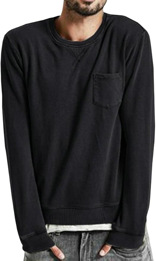 WSPLYSPJY Men Crewneck Long Sleeve Chest Pocket Pullover Sweatshirt Casual Tops T-Shirts Black L 