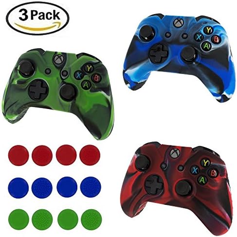 Gasili Xbox One Controller Case, 3 Pack Silicone Protective Game Controller Case, Rubber Skin Cover for Xbox One with 12 Thumb Grip Stick Caps(Red/Green/Blue)