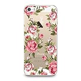 Soft Rubber TPU Case for iPhone 5/5s, CasesByLorraine Red Rose Floral Flower Pattern TPU Soft Rubber Clear Transparent Case for iPhone SE & iPhone 5/5s (E06)