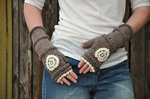 Women Girl Knitted Soft Warmer Mittens, Fingerless Gloves Thumb Hole with Crochet Victorian lace trim in brown tweed, half finger mittens, Long Stretch Weave Knit Arm Warmer