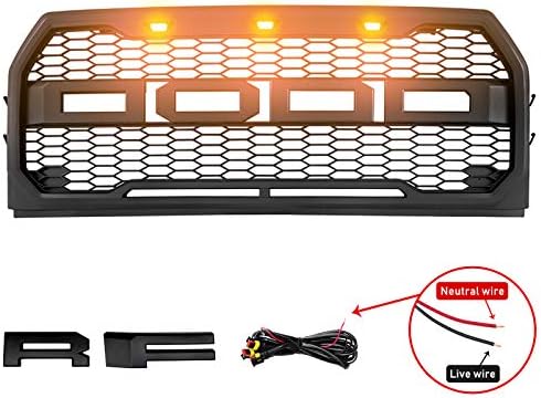 Motorshive Grille Fit Ford F150 2015-2017 Raptor Mesh Style with Amber LED lights Grill Matte Black 2015 2016 2017
