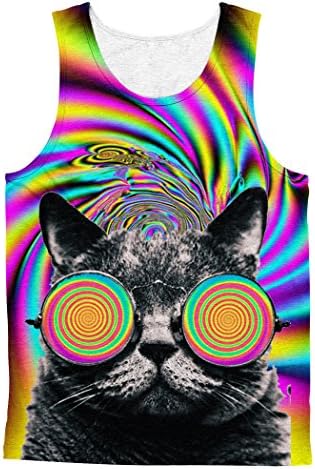 Cottonsyria Men's Cat Psychedelic Tank Tops Cartoon T Shirts Polyester Tee (Large)