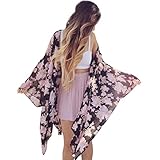 METFIT Women Boho Floral Chiffon Loose Shawl Kimono Cardigan Cover up Blouse (L, Floral)