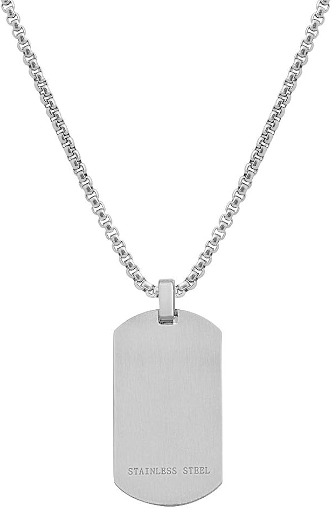 Geoffrey Beene Men's Stainless Steel Engraveable Dog Tag Pendant Box Chain Necklace with Cubic Zirconia Stone (Silver) | 