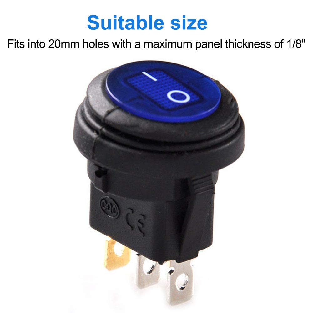 FICBOX 8PACK Round Toggle LED Switch ON/Off Waterproof Round Blue LED 12V 20A Rocker Switch 3Pins for Car Truck Boat (Blue)