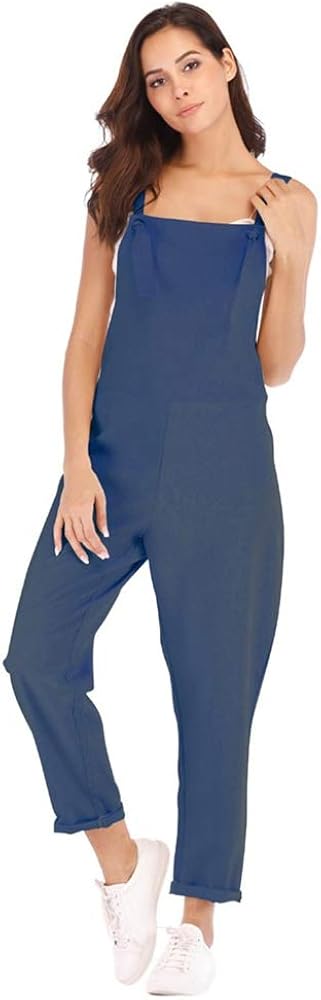 Aniywn Women's Strap Overall Summer Rompers Pants Casual Solid Sleeveless Long Playsuit Jumpsuits with Pocket
