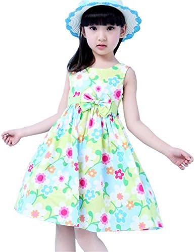 Lymnshi Girls Summer Sleeveless Flower Print Casual Dress with Bowknot 2-6 Years Yellow 130