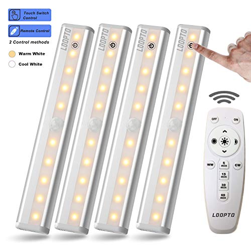 Remote Control Cabinet Light 4PACK, LDOPTO Dimmable 10-LED Wireless Under Counter Lighting, Battery Operated Closet Light, Stick-on Touch Sensor Night Light, 2 Control Methods (Remote/Touch Control)