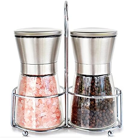 RocHouse Premium Salt and Pepper Grinder Set with Stand - Stainless Steel Salt&Pepper Shakers with Adjustable Coarseness - Brushed Steel Salt&Pepper Mills Set - 6 Oz Glass Body Capacity - Gift
