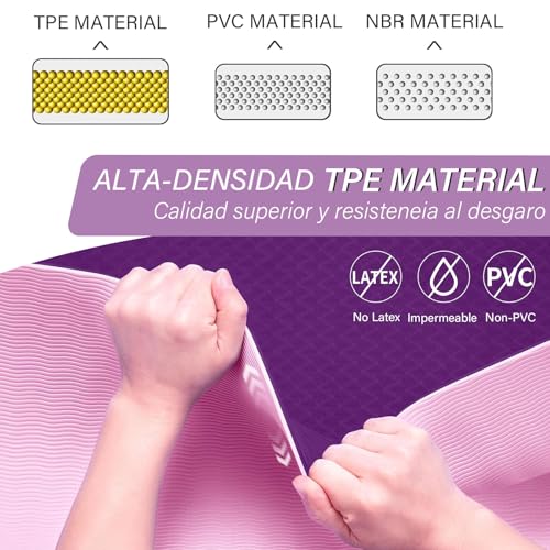 GALASALA Tapete para Ejercicio Antideslizante, Tapete Yoga Grueso de 6mm de PET, Tapete de Yoga de TPE Dos Colores, Yoga Mat Adecuada para Yoga, Pilates, Meditación, Ejercicio, 183x61x0.6cm