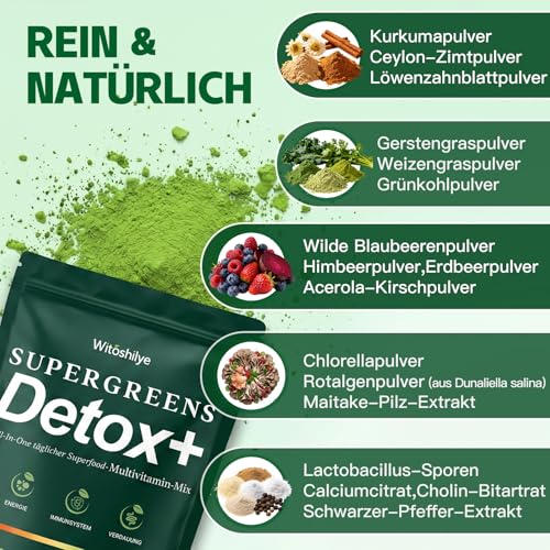 Green Detoxification Powder, Superfood Powder Helper, 200 g Green Powder Helper with Matcha, Blueberries, Barley Grass, Fibre Rich & Vegan, Natural Plant Powder for Nutrition & Everyday Life & Fibre