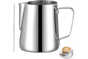 Milk Frothing Pitcher - 12 oz / 350 ml Milk Frother Cup Stainless Steel Pitcher with Measurement & Decorating Pen Frother Jug