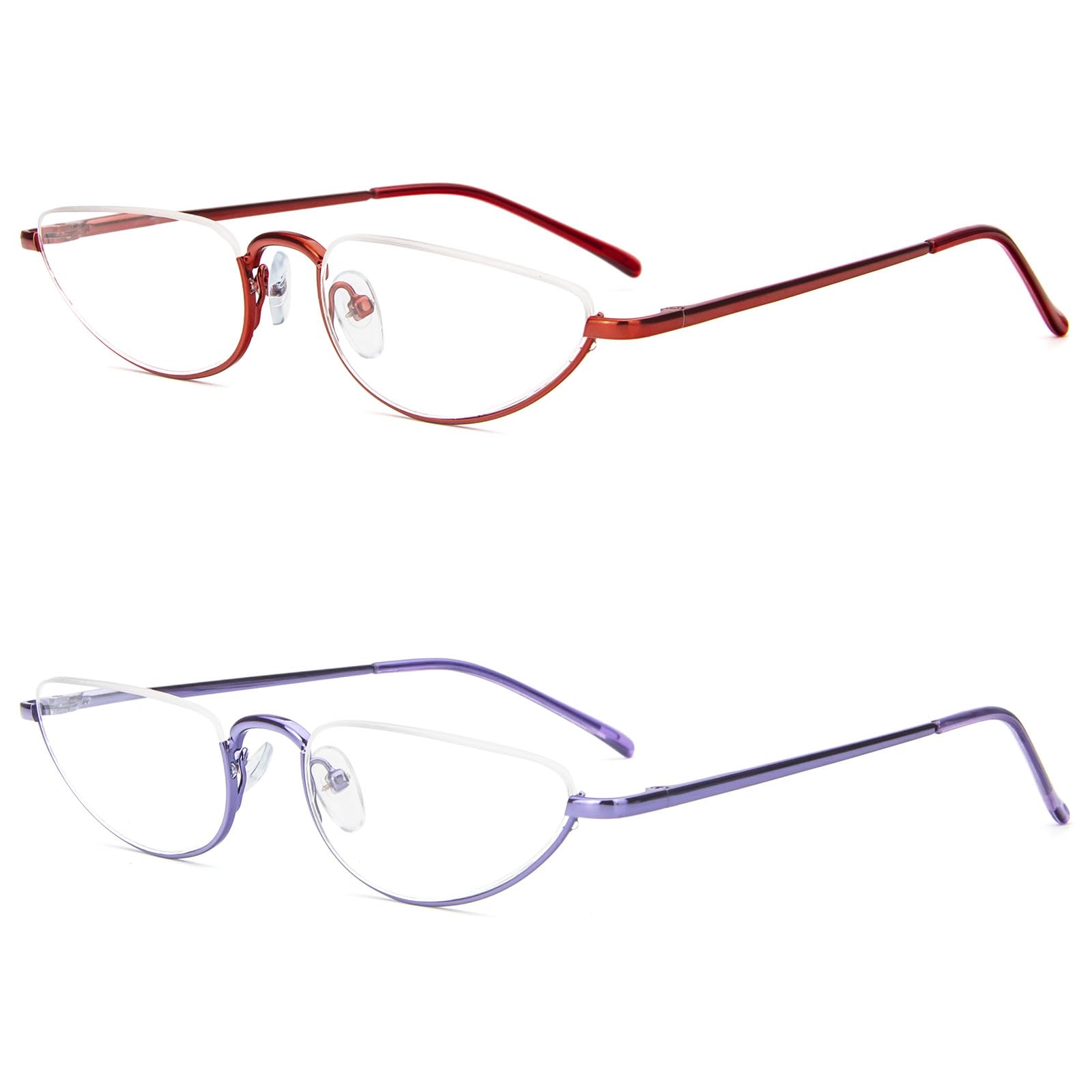 KoKoBin 2 Pack Reading Glasses Unisex Half Moon Half Frame Metal Spring Hinge Slim Reader (Purple Red, 2.5, Dioptres)