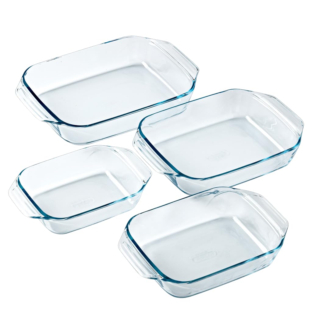 Pyrex - Set mit 4 Auflaufformen – rechteckig – breite Griffe – Familiengröße – Borosilikatglas – extreme Beständigkeit