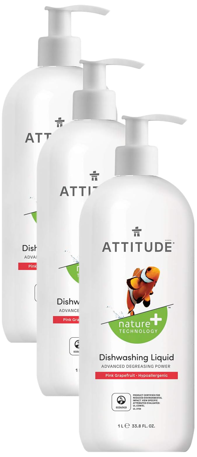 ATTITUDE Liquid Dish Detergent, Plant- and Mineral-Based Ingredients, Effective Dishwashing Soap Formula, Vegan and Cruelty-free, Pink Grapefruit, 33.8 Fl Oz (Pack of 3) Image