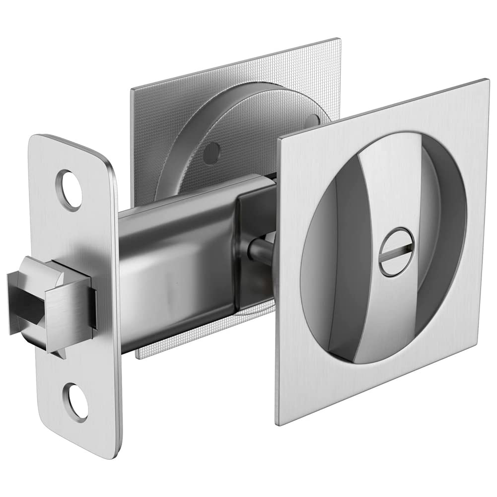 Qezodsx Bed/Bath Pocket Door Lock Satin Contemporary Privacy Square Pocket Door Hardware, Sliding Pocket Door