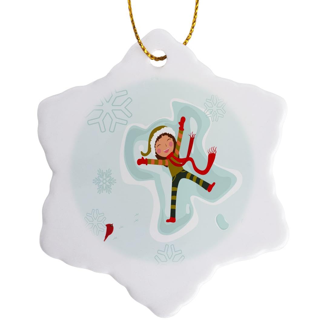 3dRose Cute Winter Seasonal Vector Girl Making Snow Angel Red Cardinals Snowflake Ornament, Multi-Colour, 3-Inch