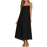 Wenrine Womens Spaghetti Strap Maxi Dresses Summer Casual Sleeveless Loose Pleated Flowy Beach Long Dress with Pockets