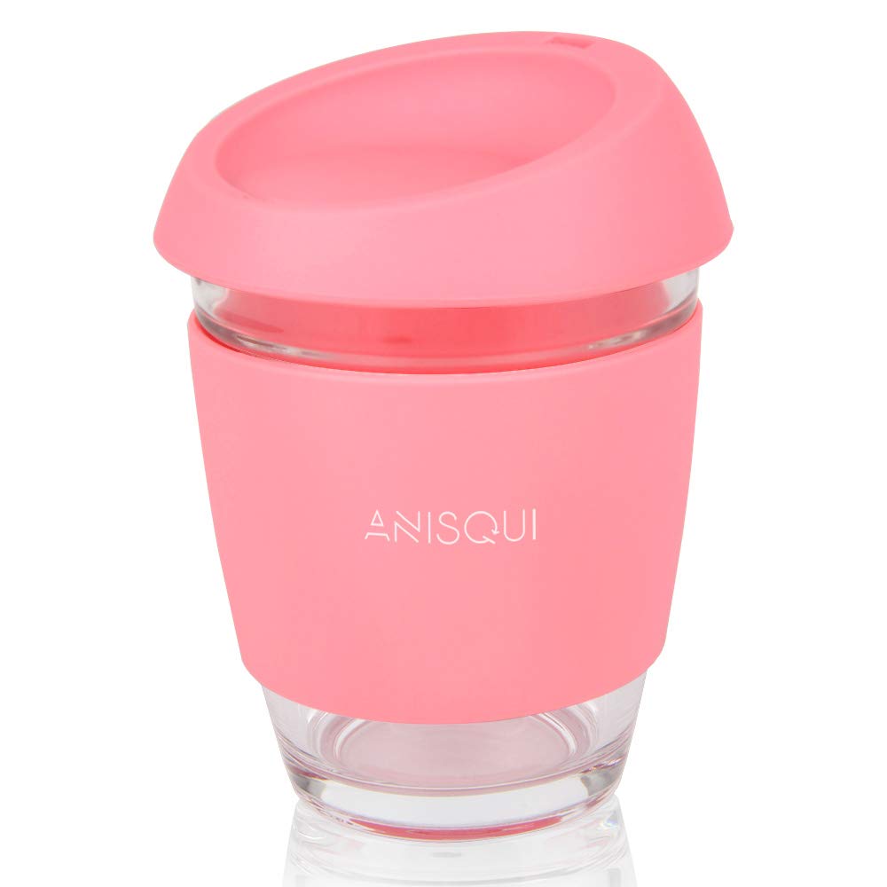 AniSqui Glass Travel Mug, 12oz 350ml Portable Coffee Cup with Lid (Pink)