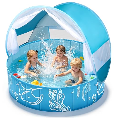 colmanda Baby Swimming Pool with Sun Shade 4 in 1 Large, 120 x 30 cm Baby Beach Tent Anti UV SPF50+ with Awning, Beach Pool, Foldable Ball Pool, Portable Beach Tent for Garden Beach