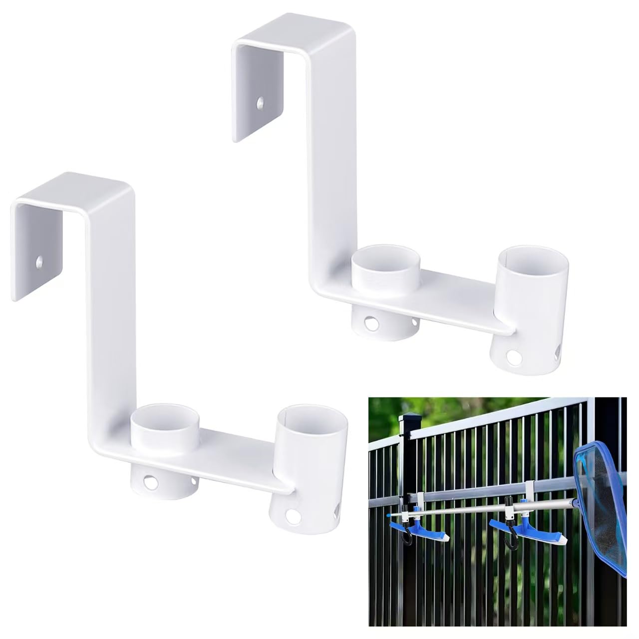 Photo 1 of 2 Pcs Pool Fence Hooks, Pool Tool Organizer, for Hanging Pool Cleaning Accessory, Pool Pole,Brush, Leaf Skimmer Net,Vacuum Head,Suitable 3/4 Inch to 1-1/4 inch Railing (Non-Adjustable 2pcs White)