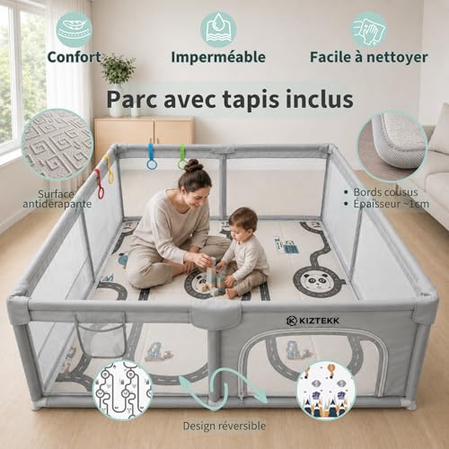 KIZTEKK - Baby Playpen 150 x 150 cm - Baby Playpen with Foldable Floor Mat - Large Secure Space - Reinforced Protection - 360° Visibility - 2 Storage Bags Included - 4 Support Rings