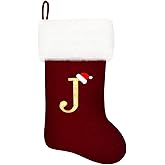 Eoocan 20 Inches Monogram Christmas Stockings Wine Red Velvet with White Super Soft Plush Cuff Embroidered Stockings Classic Personalized Stocking Decorations for Family Holiday Season Decor(Letter J)