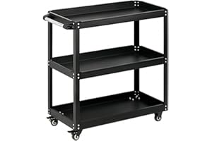 COOLOUS 3 Tier Rolling Tool Cart on Wheels,Rolling Metal Service Cart,Heavy Duty Steel Utility Cart with Lockable Silent Wheels,660 LBS Capacity Industrial Service Cart for Garage,Warehouse,Workshop(Black)