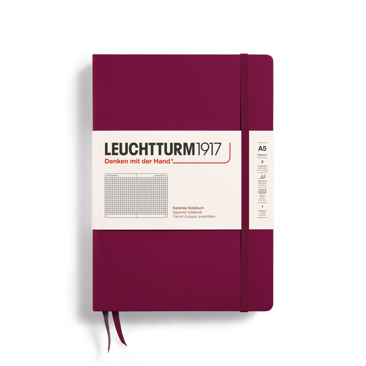 LEUCHTTURM1917 Notebook Medium (A5), Hardcover, 251 Numbered Pages Port Red, Squared